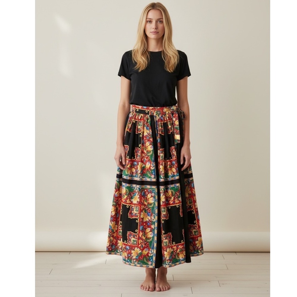 Vintage Handmade Floral Folk Art Wrap Maxi Skirt Black Multicolor Boho Hippie
